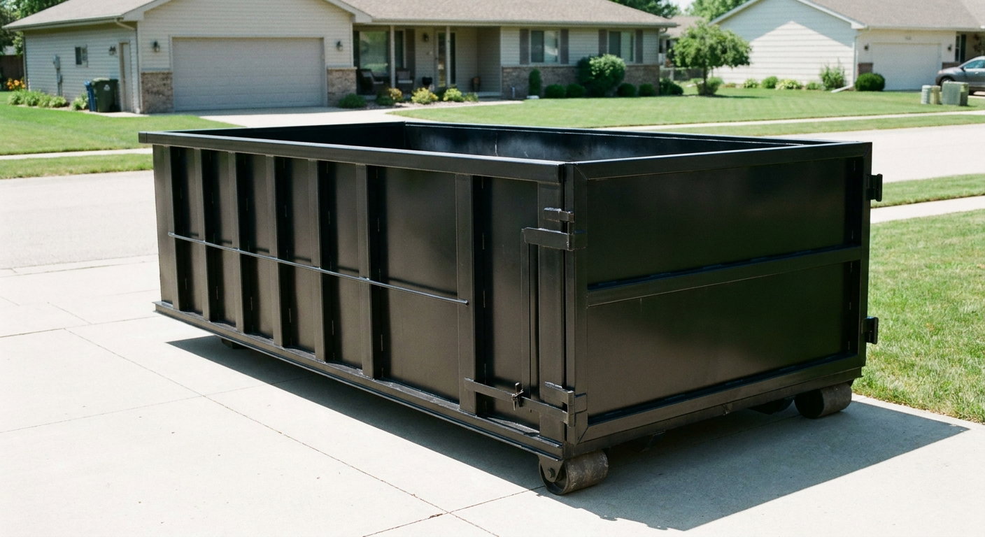 Matte-black 10-yard roll-off dumpster on a residential concrete driveway in Quad Cities, uniformly painted matte black across every panel and rail, ribbed steel sidewalls and rear swing door visible, mid-day daylight.