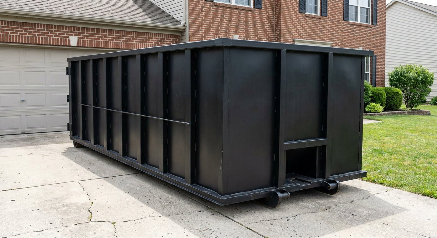 Matte-black 20-yard roll-off container on a Quad Cities residential concrete driveway with reinforced ribbed steel sidewalls and a hinged rear walk-in door, clean bright daylight.