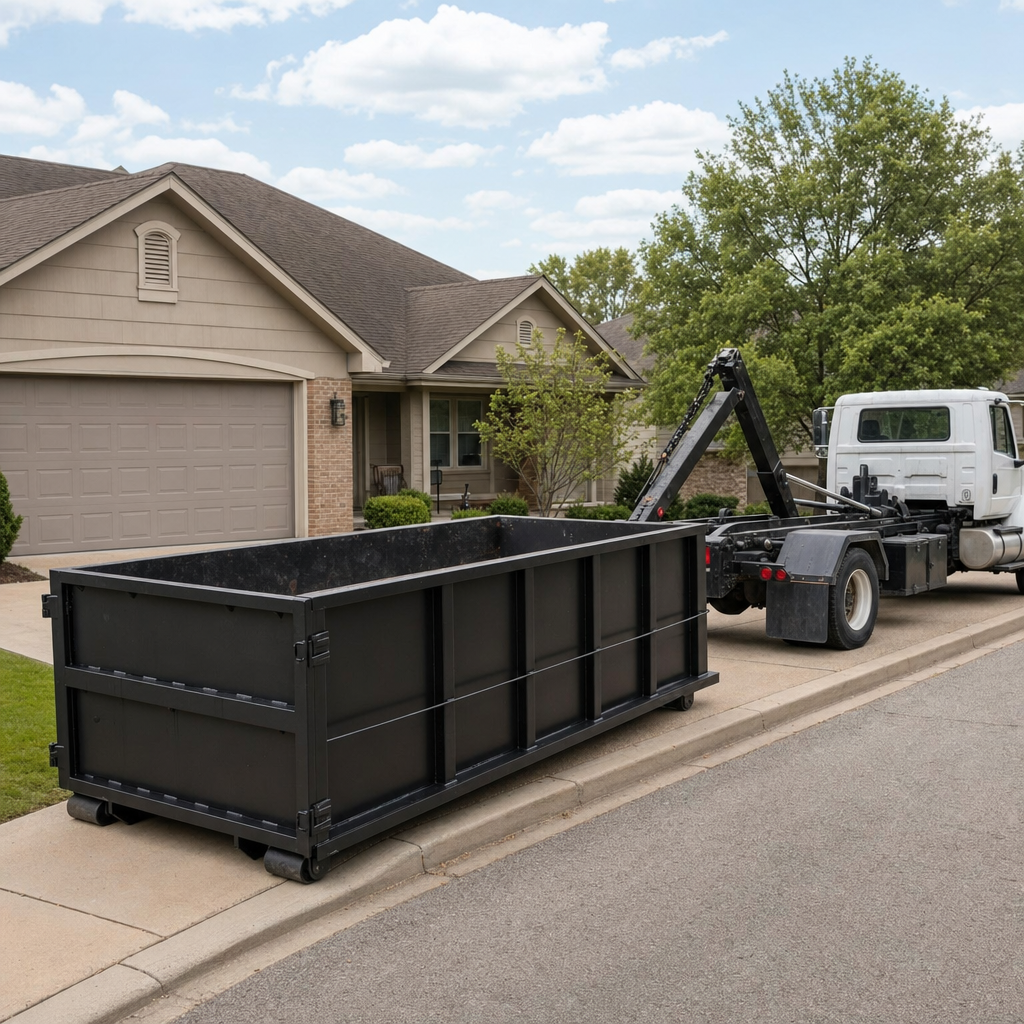 Wide documentary shot of a matte-black roll-off dumpster on a Quad Cities residential driveway in the foreground and a contractor jobsite container in the soft-focus background, bright daylight, calm and orderly composition.